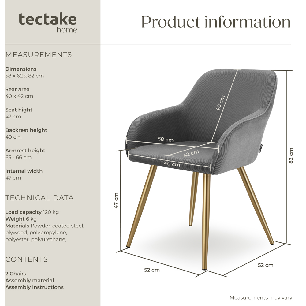 tectake Marilyn Set of 2 Grey and Gold Corduroy Padded Dining Chair Image 9