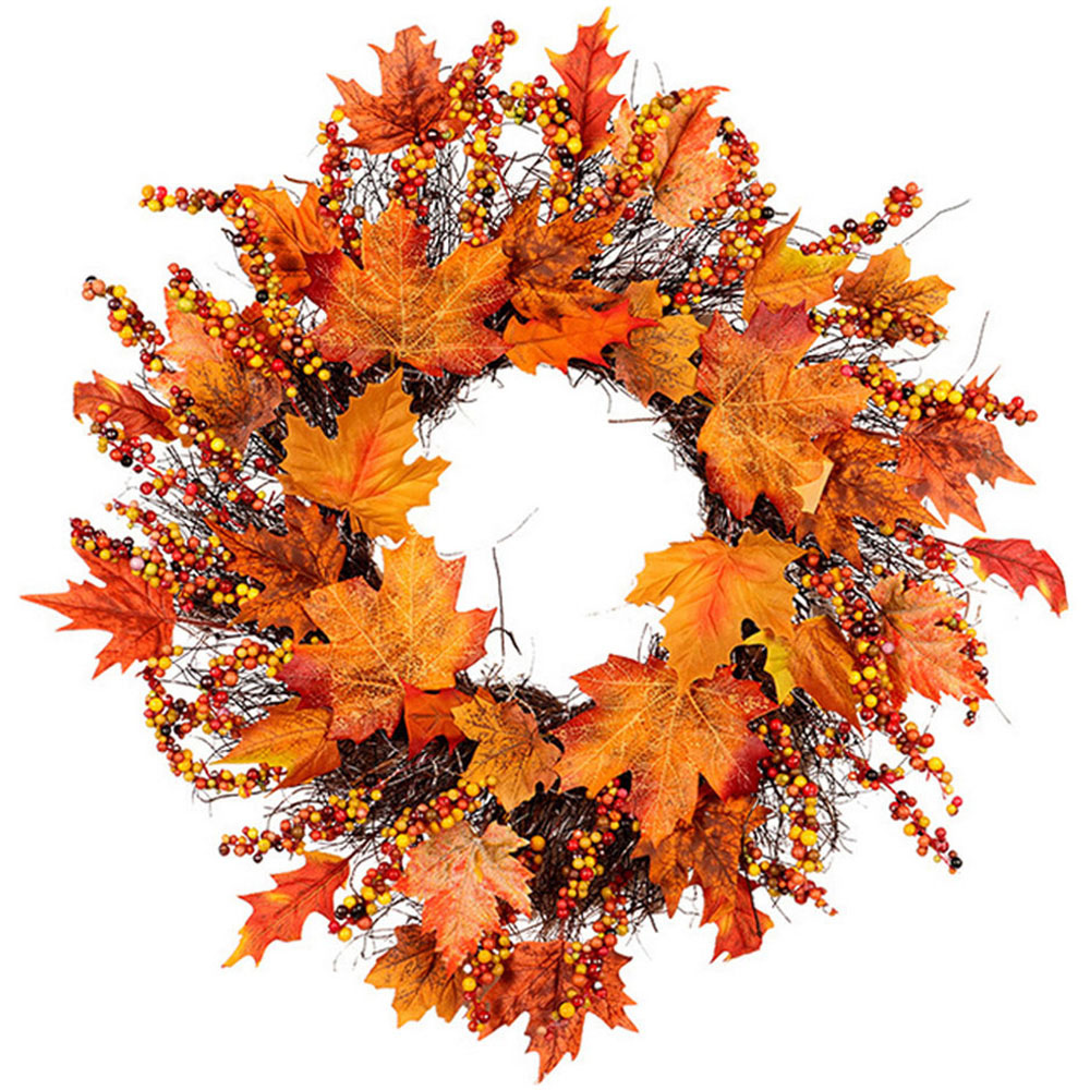 Living and Home Rattan LED Wreath with Maple Leaves Twigs and Berries 45cm Image 1