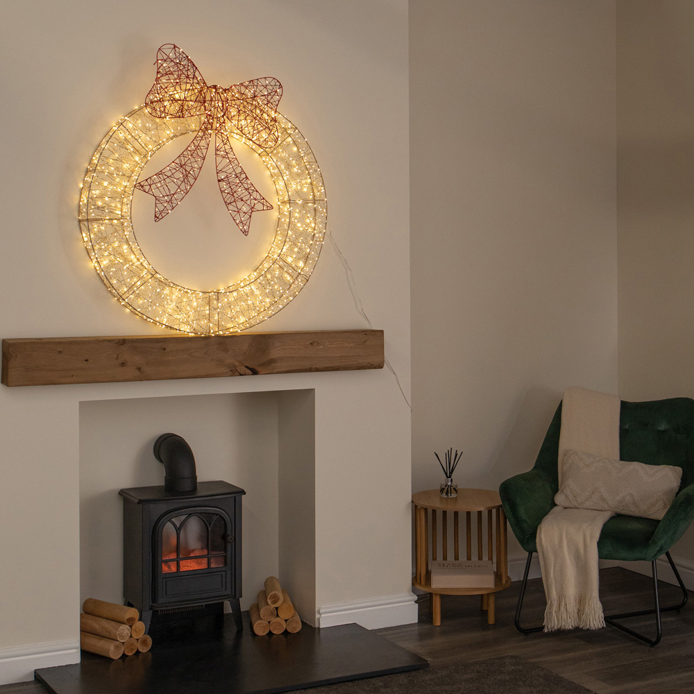 Samuel Alexander 1440 Warm White LED Gold Twist Christmas Wreath with Red Bow 90cm Image 2