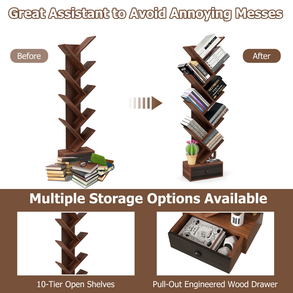 Costway Single Drawer 10 Shelf Brown Tree Bookshelf Image 6