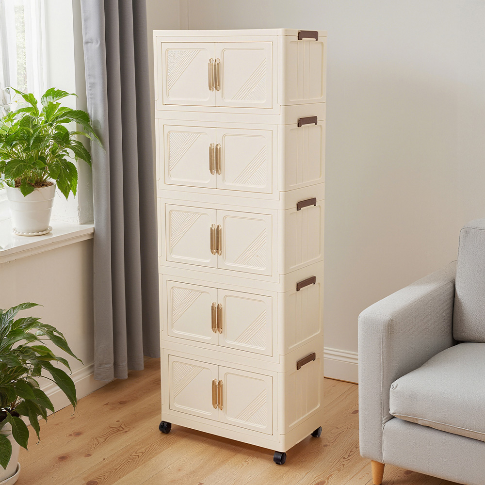 Living and Home 5-Tier Cream Plastic Storage Cabinet with Magnetic Door Image 2