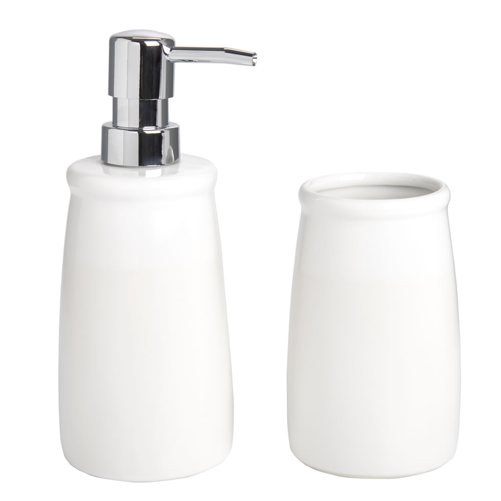 Wilko White Soap Dispenser and Tumbler Set Image 1