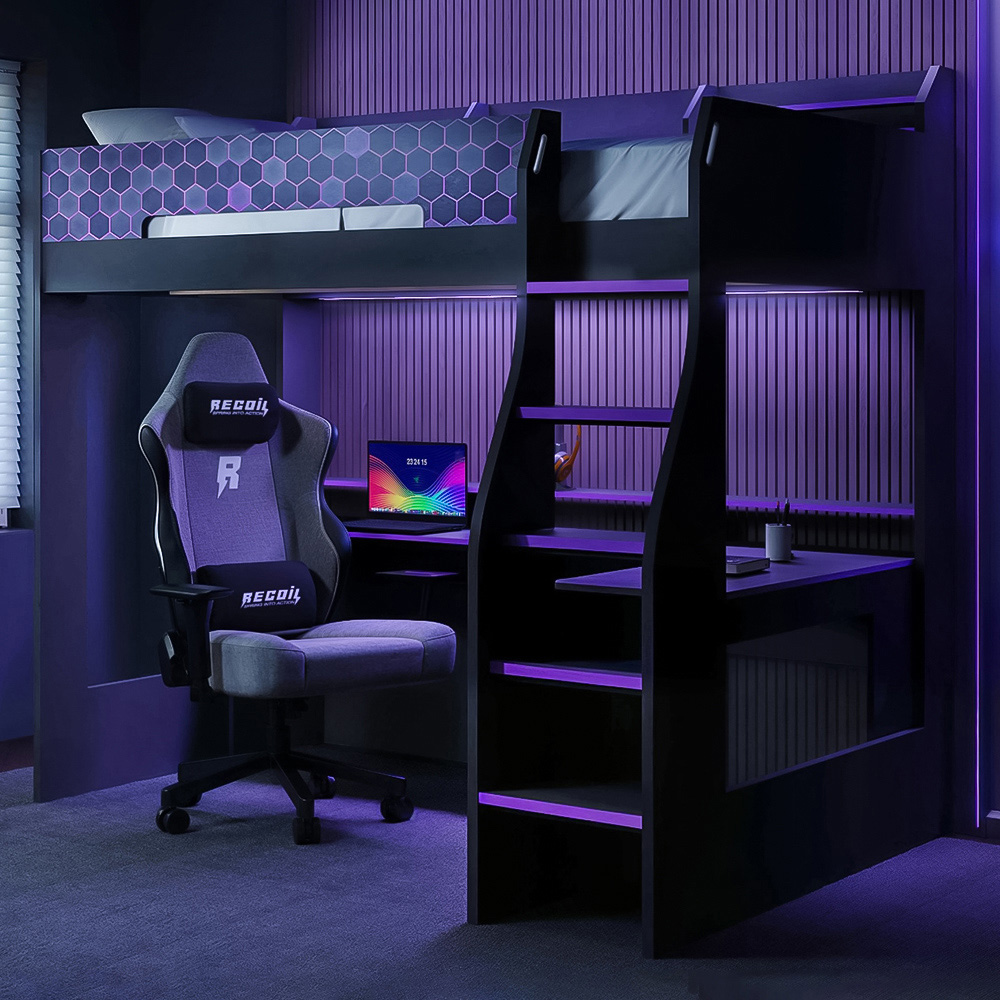Recoil Ultimate Single Charcoal and Purple Gaming High Sleeper Bed with LED Image 1