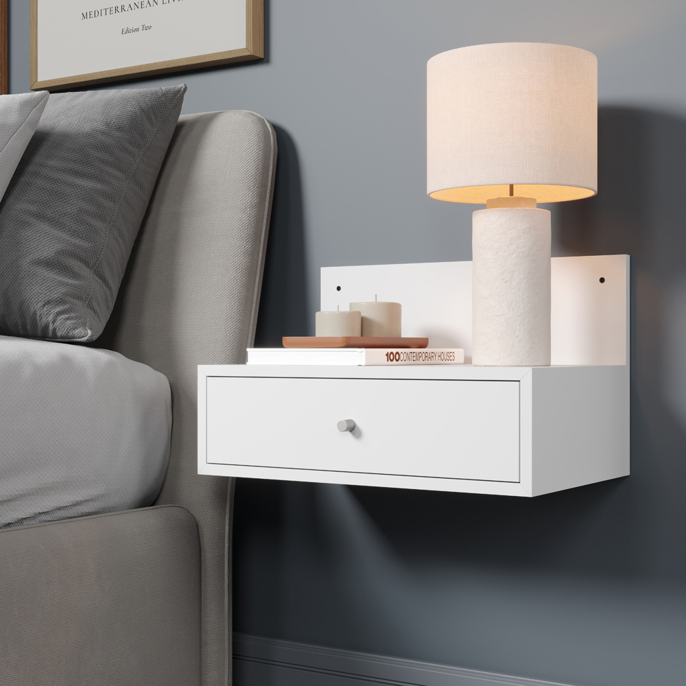 Core Products Kelly Single Drawer Matt White Effect Wall-Mounted Open Bedside Table Set of 2 Image 7