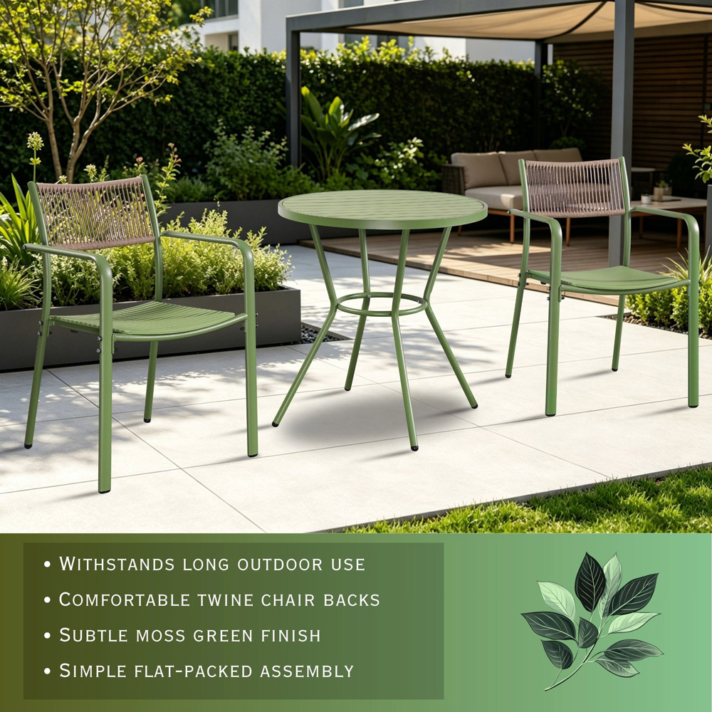 Core Products 2 Seater Moss Green Rope Back Effect Round Plastic Table Garden Bistro Set Image 7