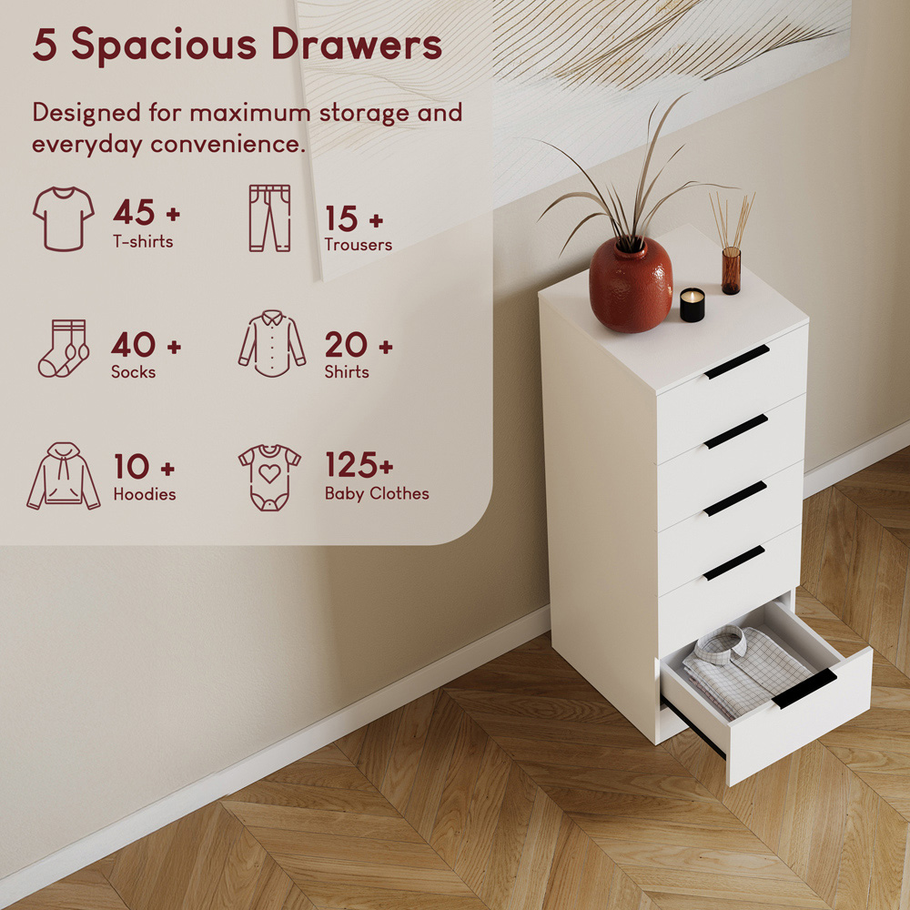 VIDA DESIGNS Trega 5 Drawer White Narrow Bedside Cabinet Image 6