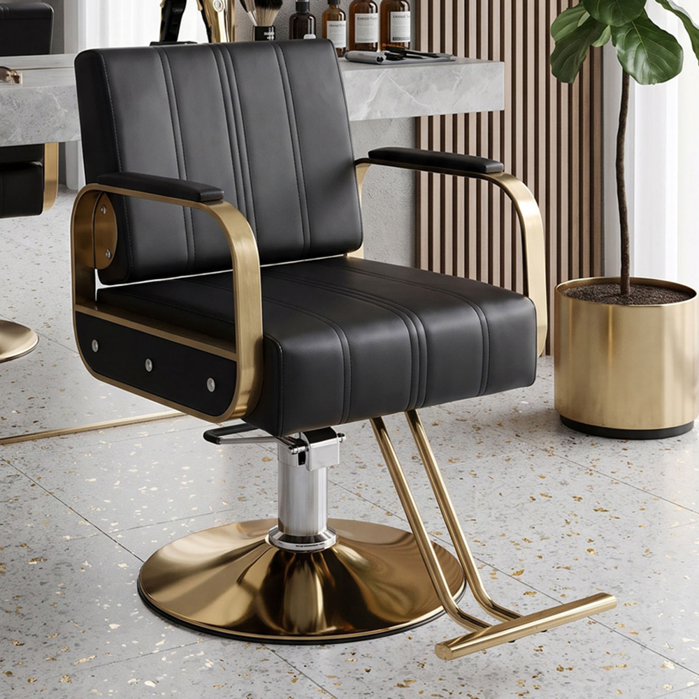 Living and Home Black and Gold Adjustable Height Barber Chair with Hydraulic Lift Image 1