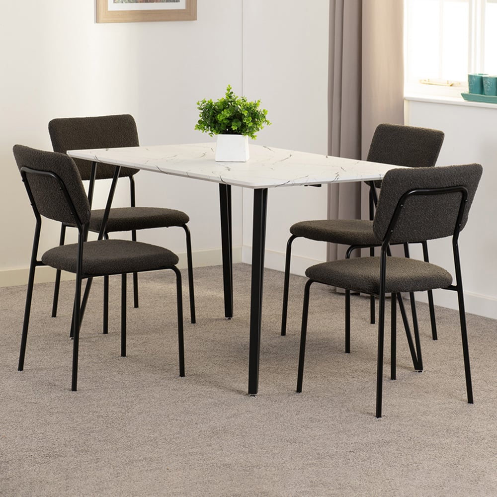 Seconique Marlow and Sheldon 4 Seater Dining Set White Marble and Grey Boucle Fabric Image 1