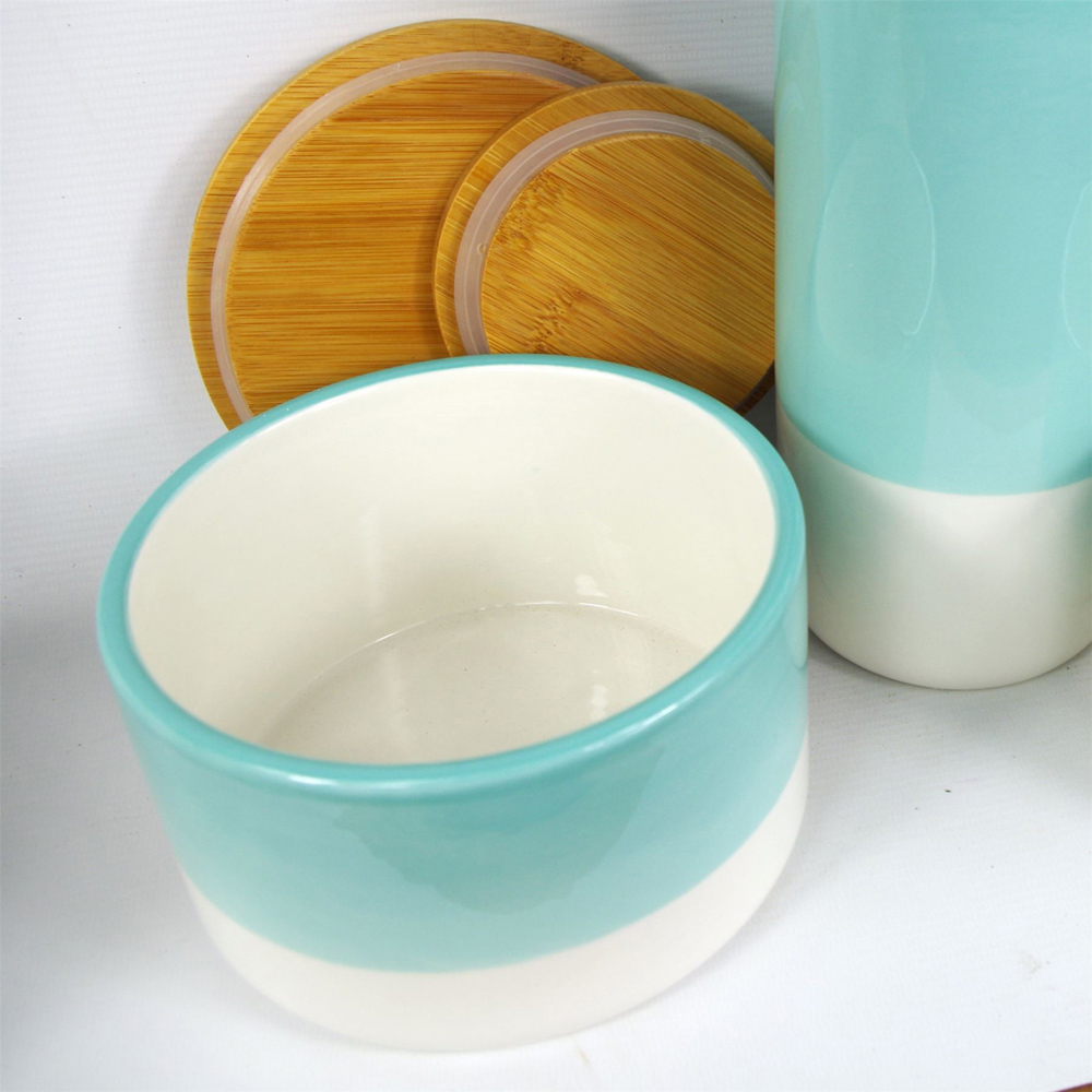 Leaf Set of 3 Aqua Green Ceramic Storage Jar with Bamboo Lid Image 4