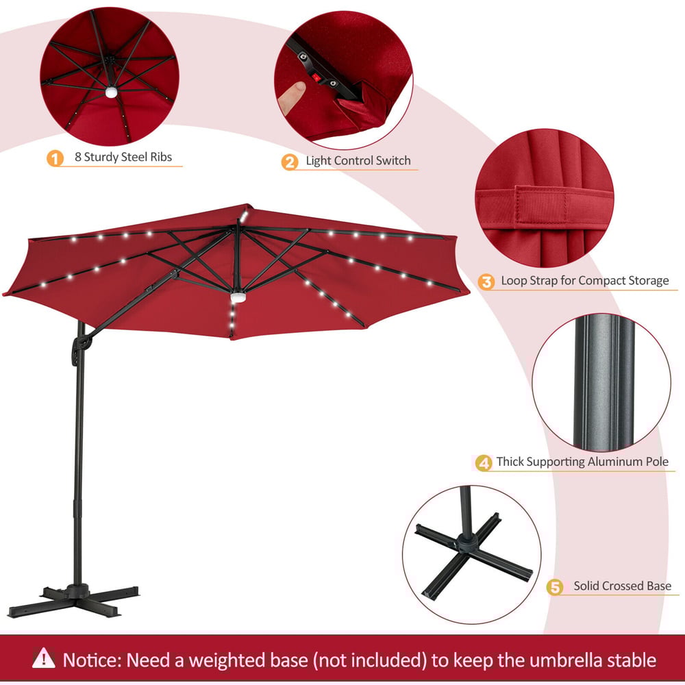 Costway Wine 28 LED Crank and Tilt Cantilever Parasol 3m Image 7
