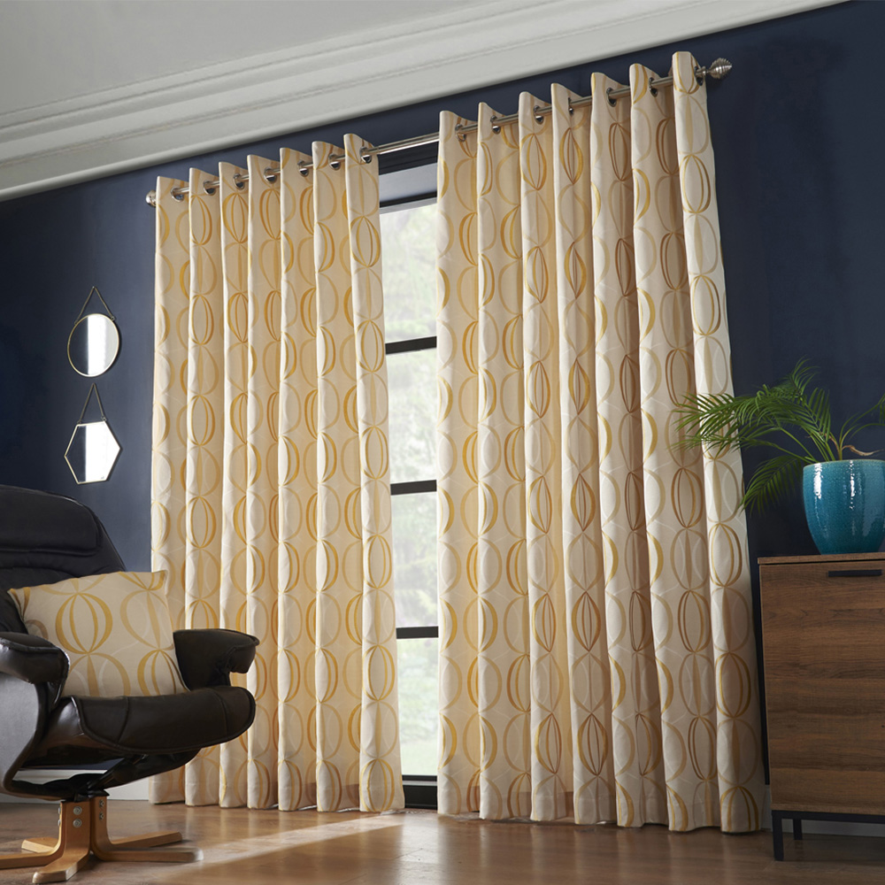 Alan Symonds Ome Ochre Jacquard Lined Ring Top Eyelet Curtains 167 x 183cm Image 1