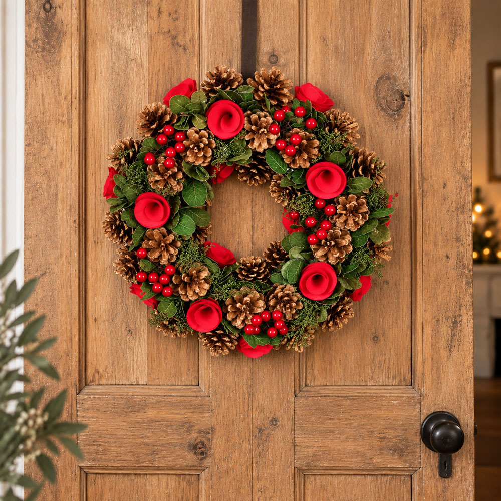 Neo Green and Red Artificial Christmas Wreath with Berries and Pine Cones 50cm Image 3