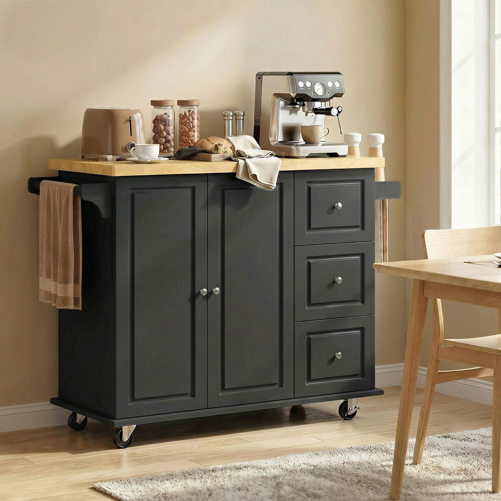 Portland 2 Door 3 Drawer Black Drop Leaf Kitchen Island Storage Trolley Image 8