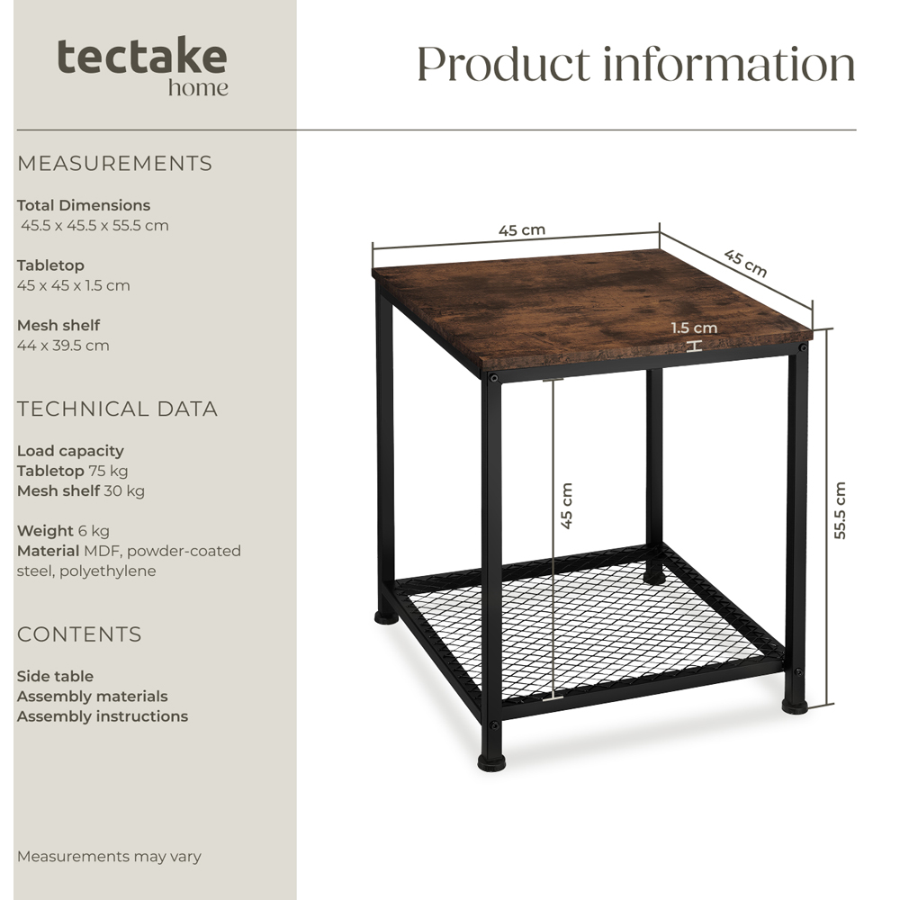 Tectake Derby Single Grid Shelf Rustic Dark Wood Bedside Table Image 9