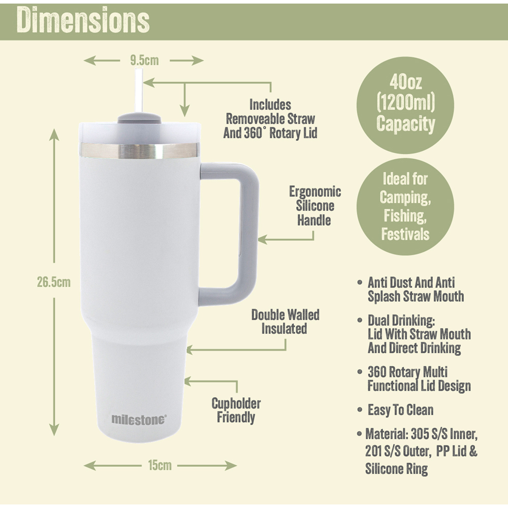 Milestone Camping Pure White Insulated Travel Tumbler 1L Image 9
