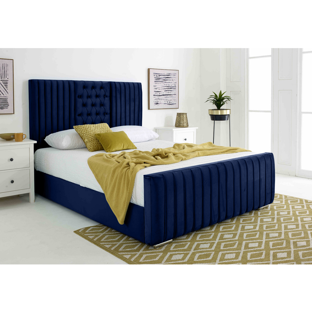 Eleganza Gracie King Size Blue Plush Velvet Bed Frame with Lined Headboard Image 3