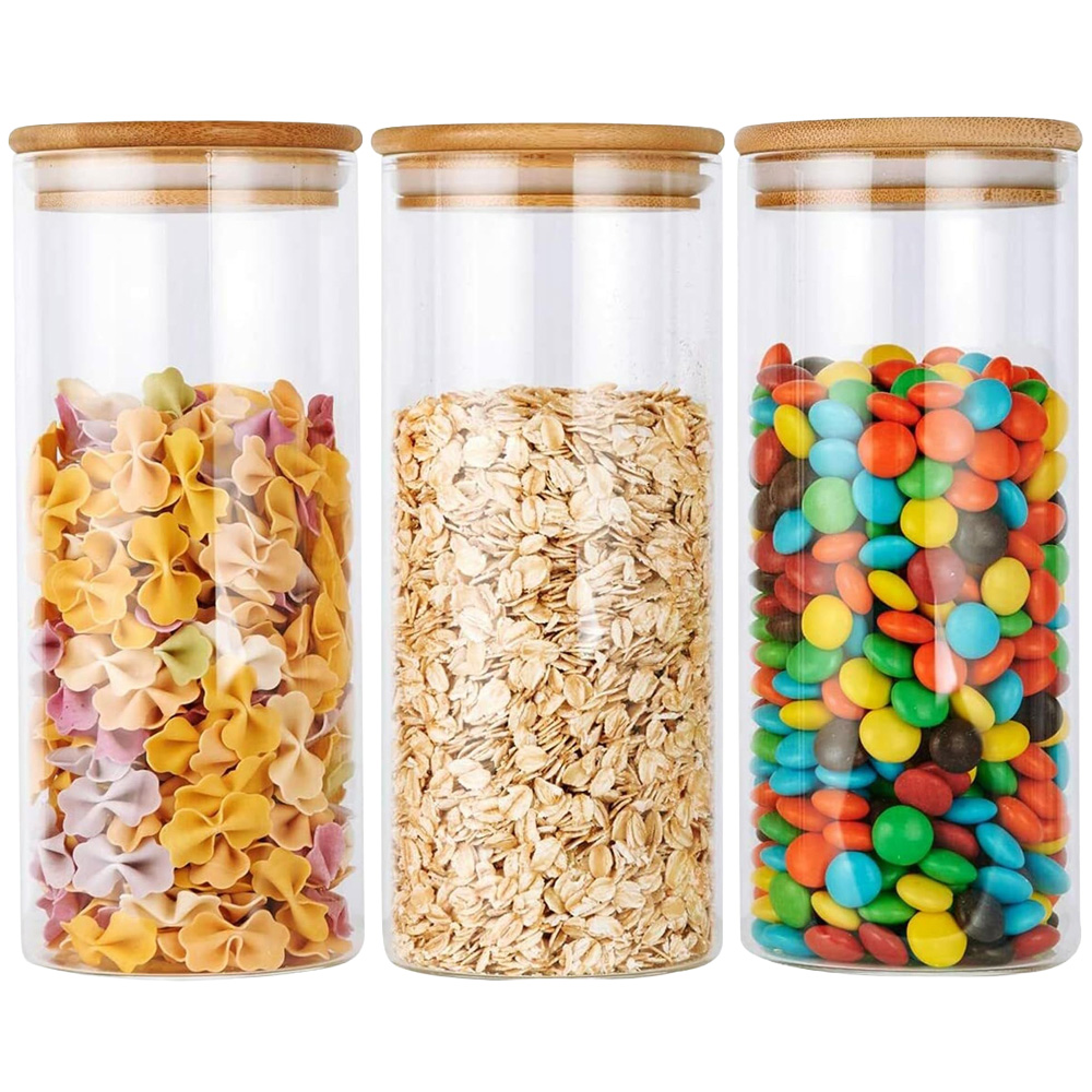 ATEK Clear Glass Food Storage Jars with Airtight Bamboo Lid 900ml 3 Pack Image 1