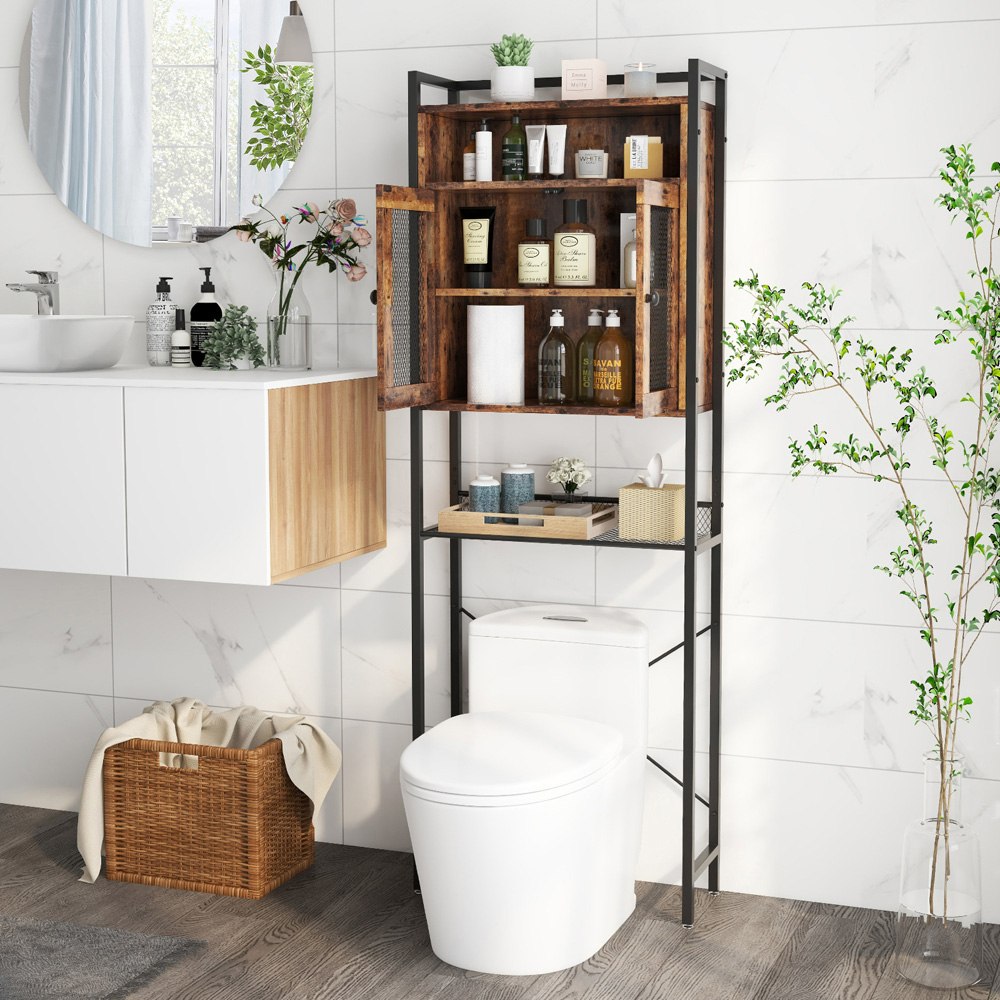 Costway Rustic Brown 2 Door 2 Shelf Over the Toilet Storage Cabinet Image 4