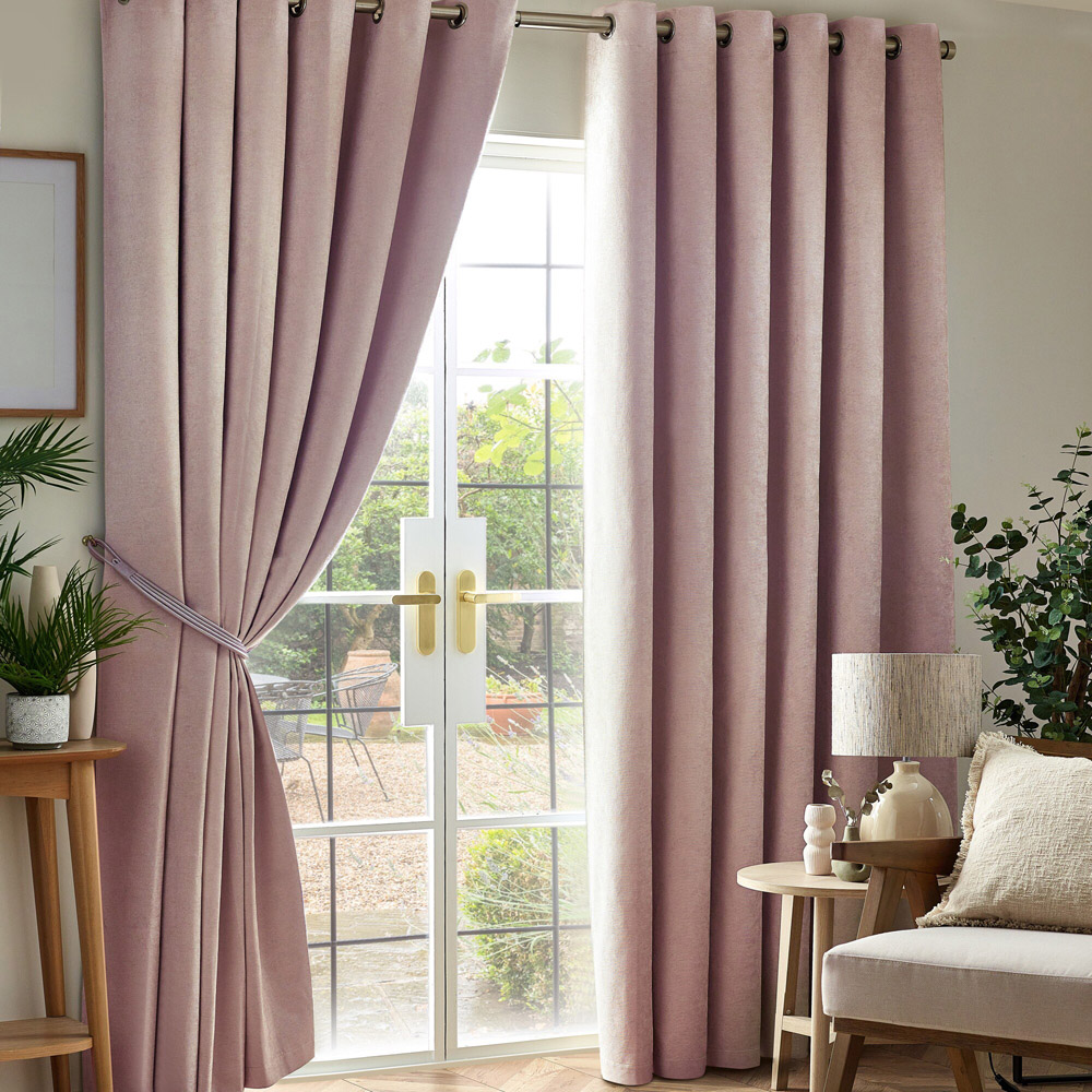 Alan Symonds Pink Chenille Blackout Ring Top Eyelet Curtains 117 x 229cm Image 1