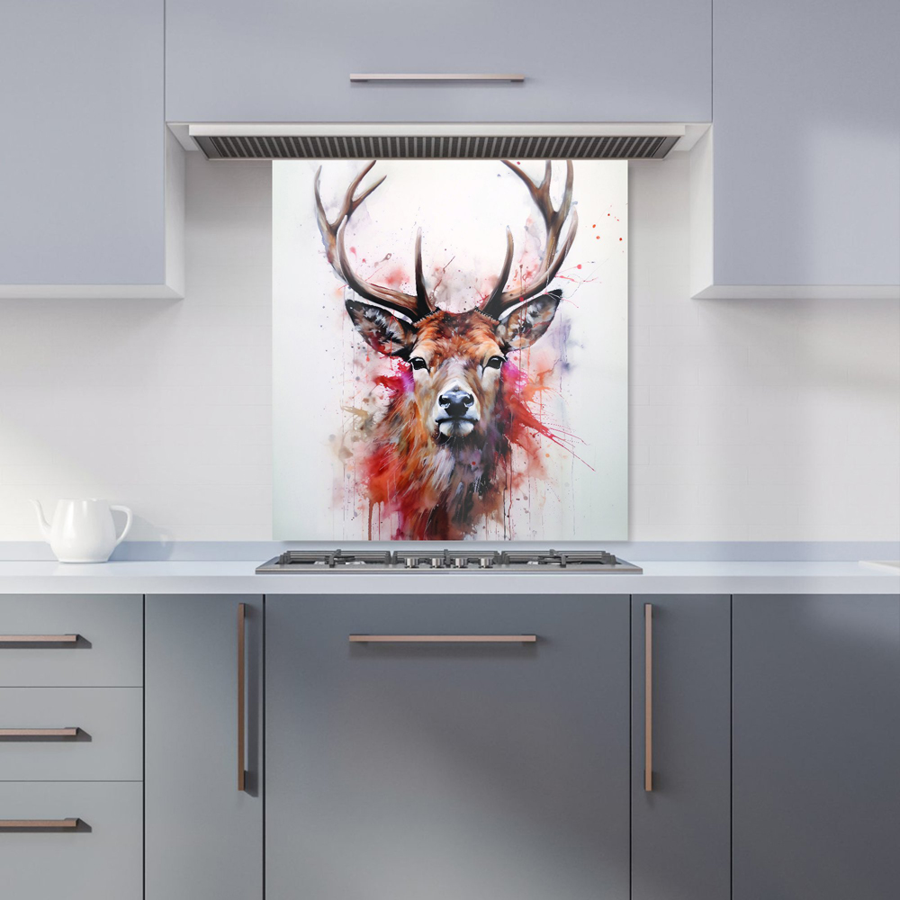 Warren Reed Designer Watercolour Splashart Stag Face Glass Kitchen Splashback 65 x 70cm Image 1