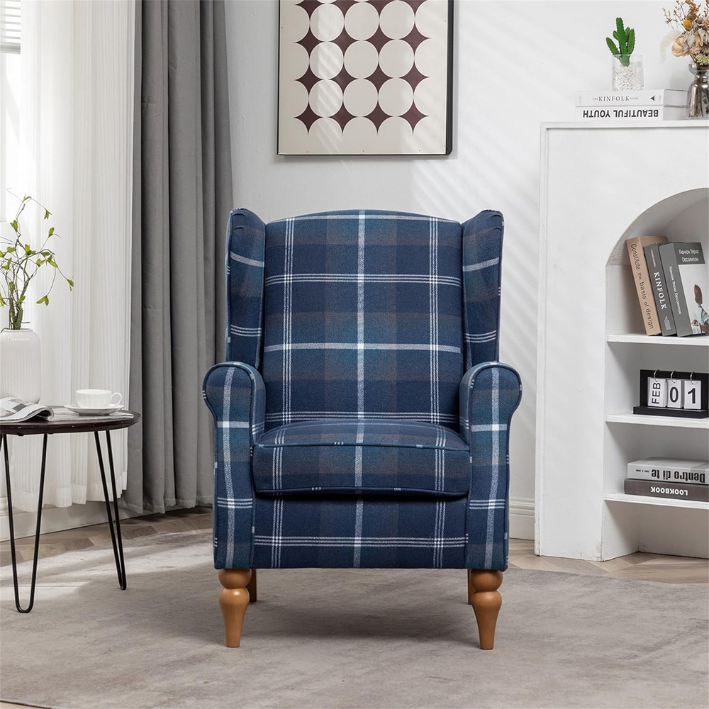 Furniture One Blue Check Fabric Wing Back Fireside Armchair Image 3
