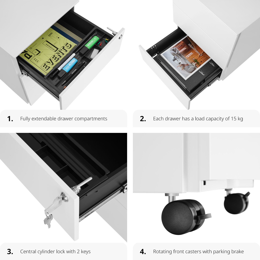 tectake Magna 3 Drawers White Lockable Chest of Drawers Image 6