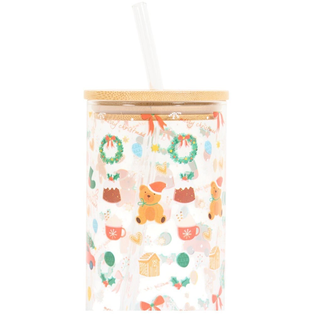 Christmas Print Glass Drinking Jar Clear Image 3