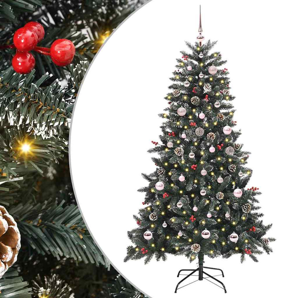 vidaXL Pre-Lit Pink Bauble Pinecones Berries Green Snow Flocked Artificial Christmas Tree 5ft Image 6