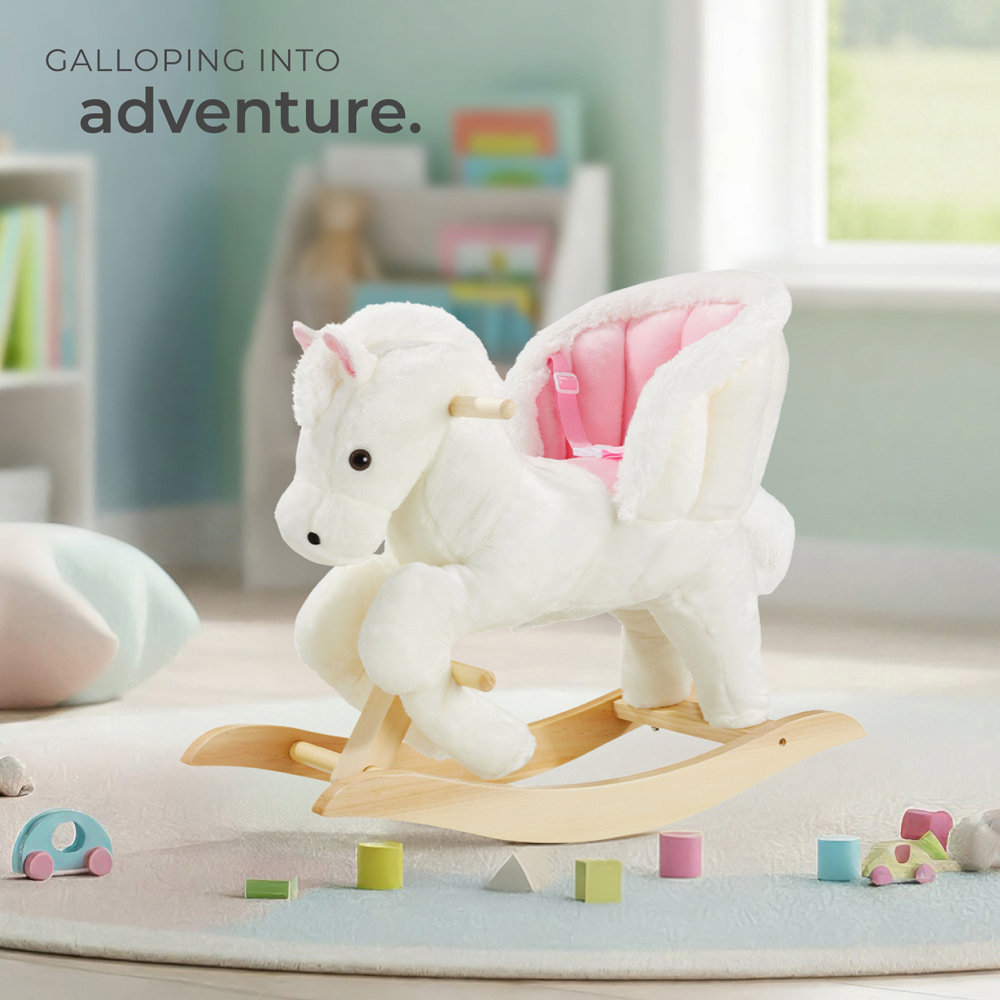 tectake Kids Pink and White Pegasus Plush Cover Wooden Rocking Horse Image 2