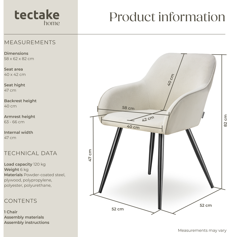 tectake Marilyn Cream and Black Corduroy Padded Dining Chair Image 5
