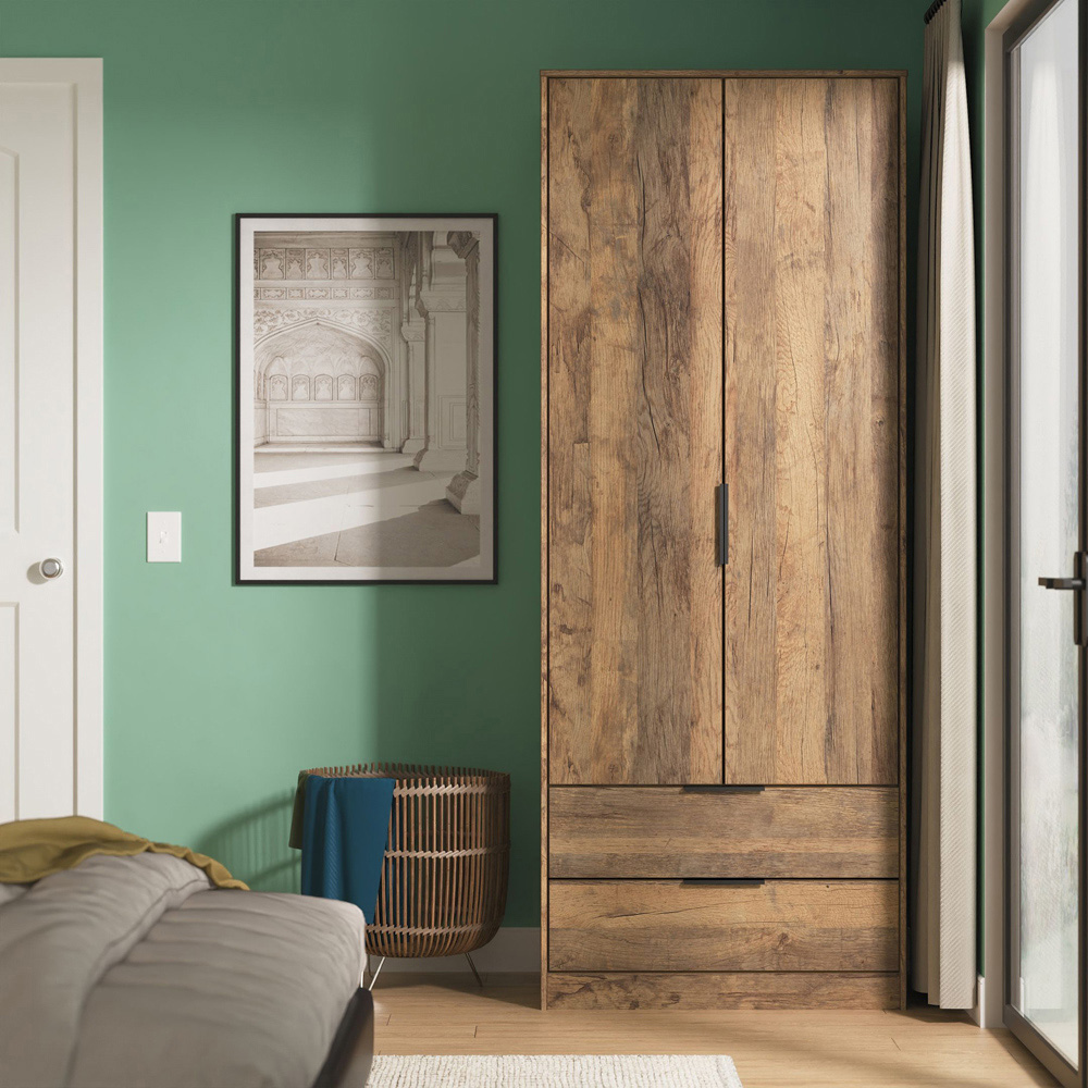 Crowndale Hong Kong 2 Door 2 Drawer Vintage Oak Tall Wardrobe Ready Assembled Image 8