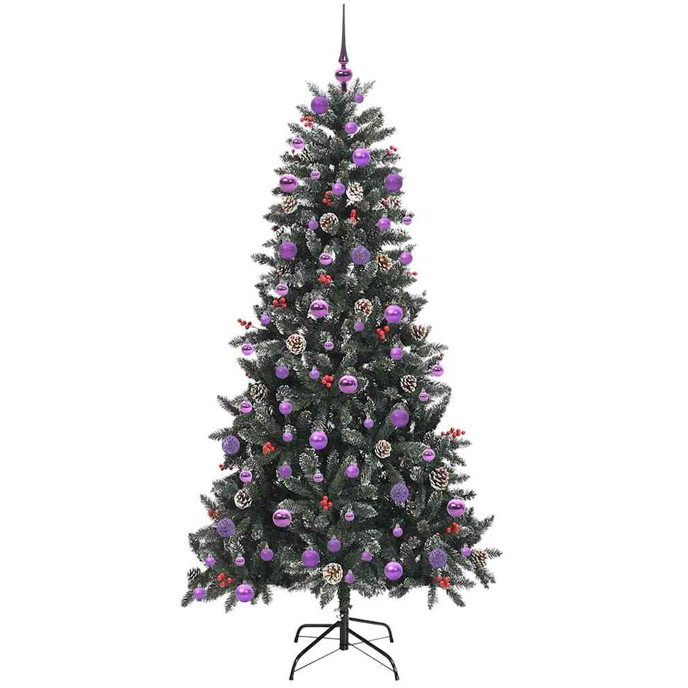 vidaXL Pre-Lit Lilac Baubles and Pinecones Green Artificial Snow Tipped Christmas Tree 7ft Image 4