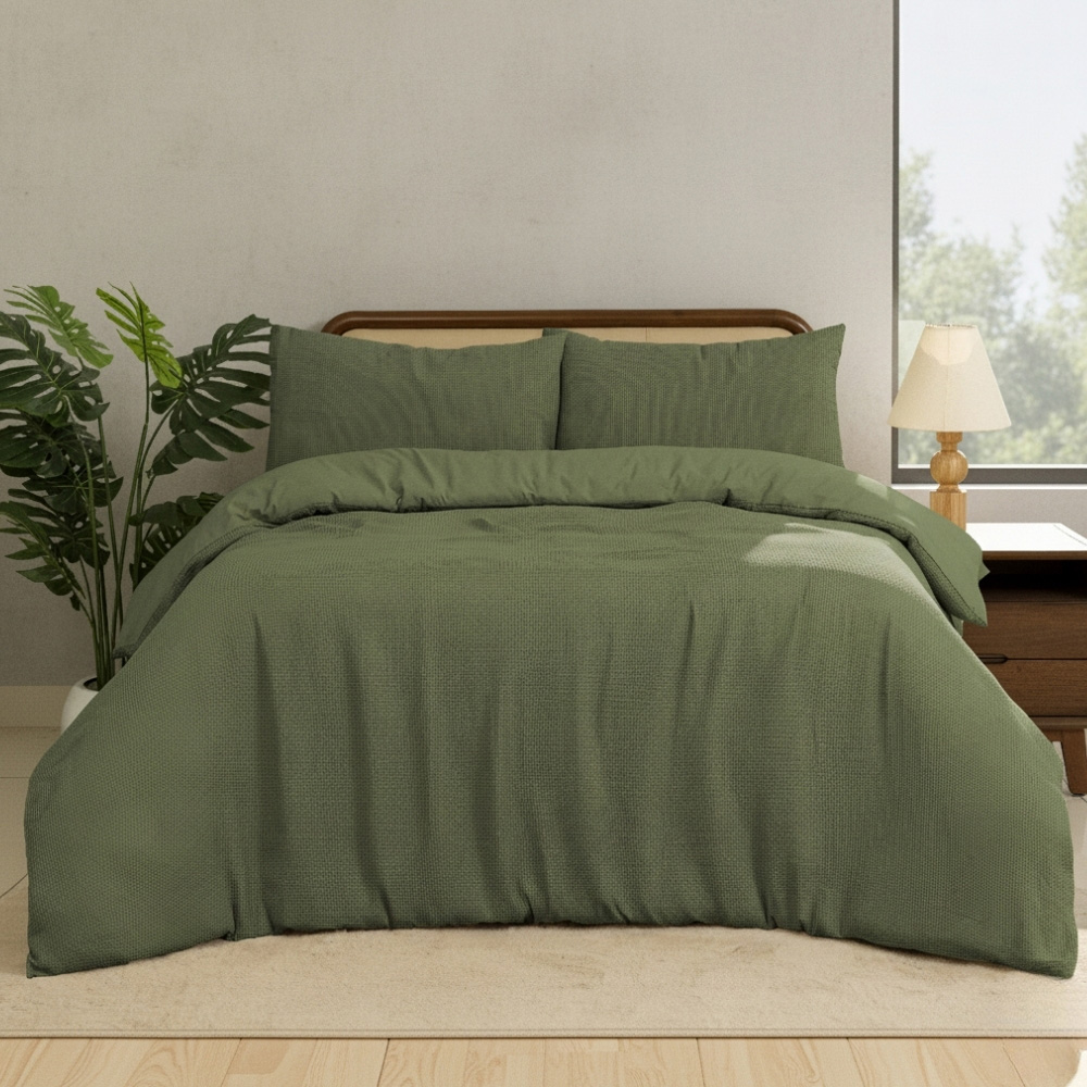 MHG Living Super King Size Olive Green Chunky Waffle Duvet Cover Set Image 1