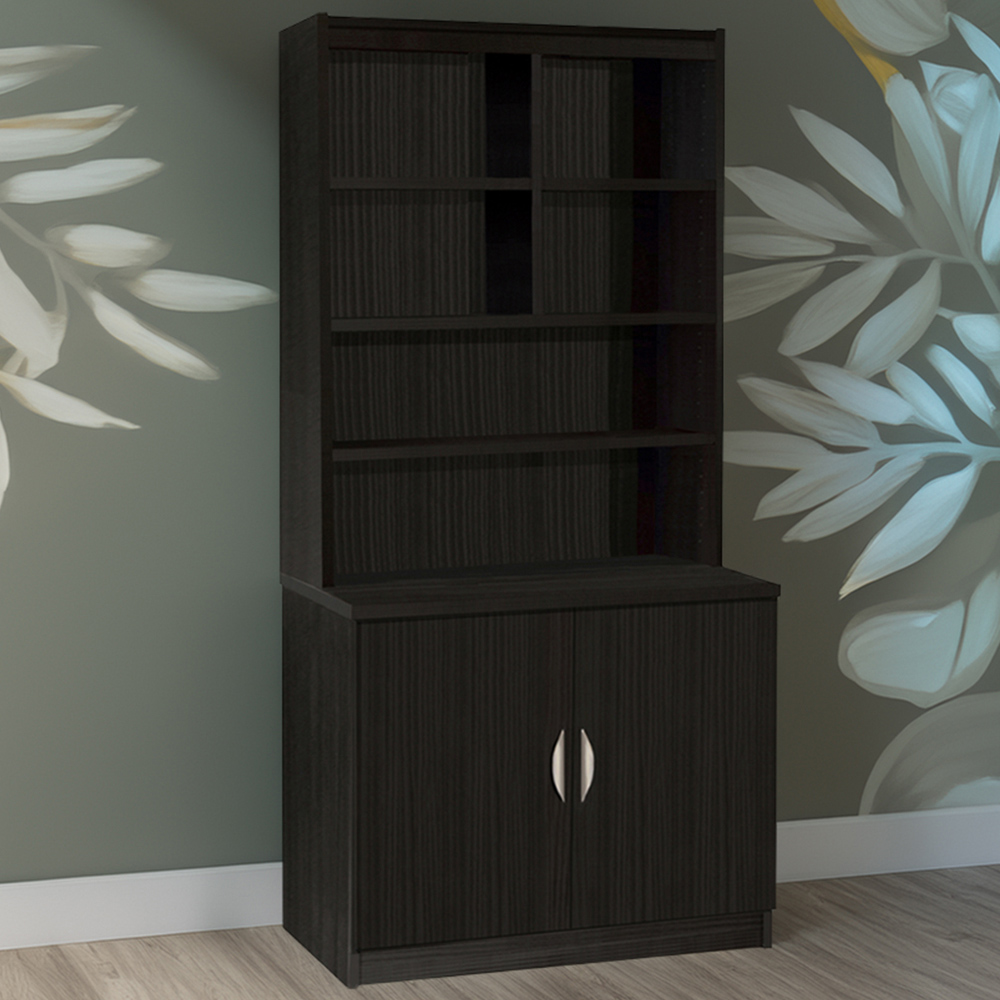 R White Cabinets 2 Door 6 Shelf Black Desk Height Wide Cupboard with Hutch Image 1