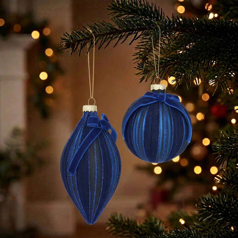 Navy Glitter Flocked Bow Bauble Image 4