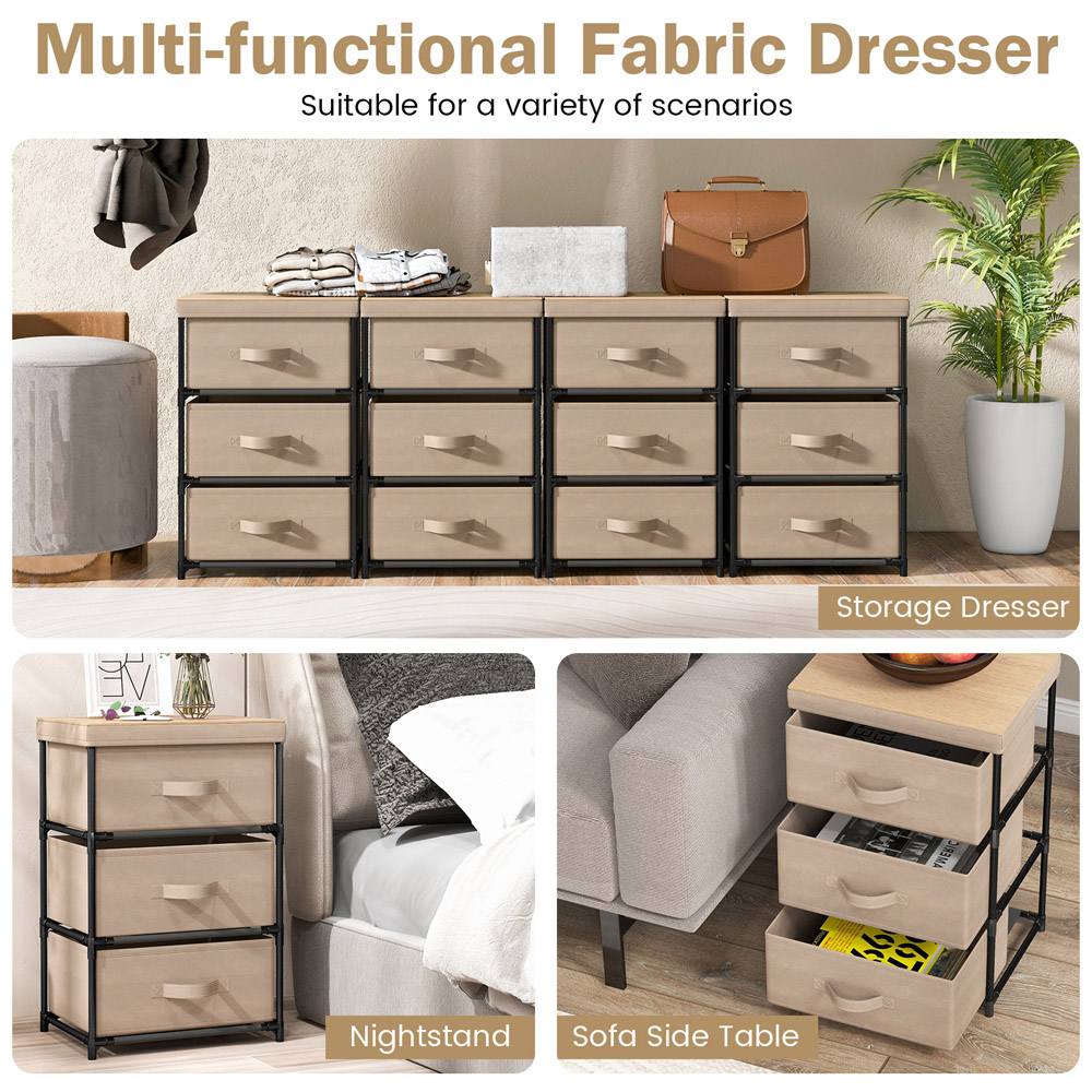 Costway 3 Drawer Coffee Fabric Nightstand with Removable Lid Image 6