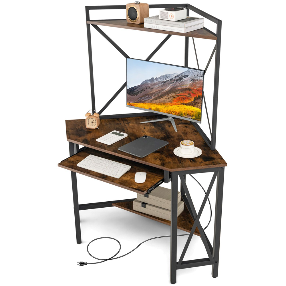 Costway 2 Shelf Corner Computer Desk with Keyboard Tray Rustic Brown Image 3