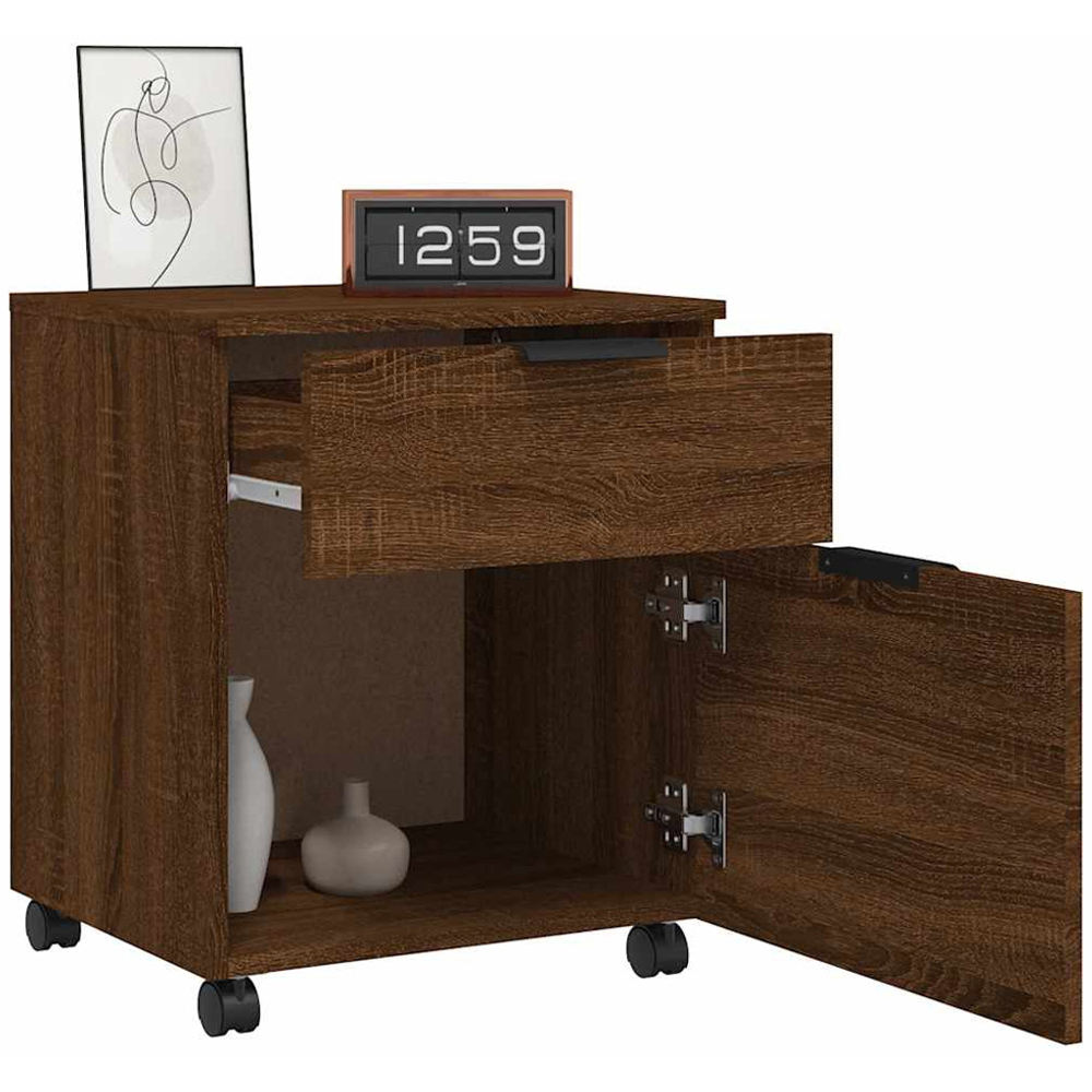 vidaXL Single Door Single Drawer Brown Oak File Cabinet with Swivel Wheels Image 5
