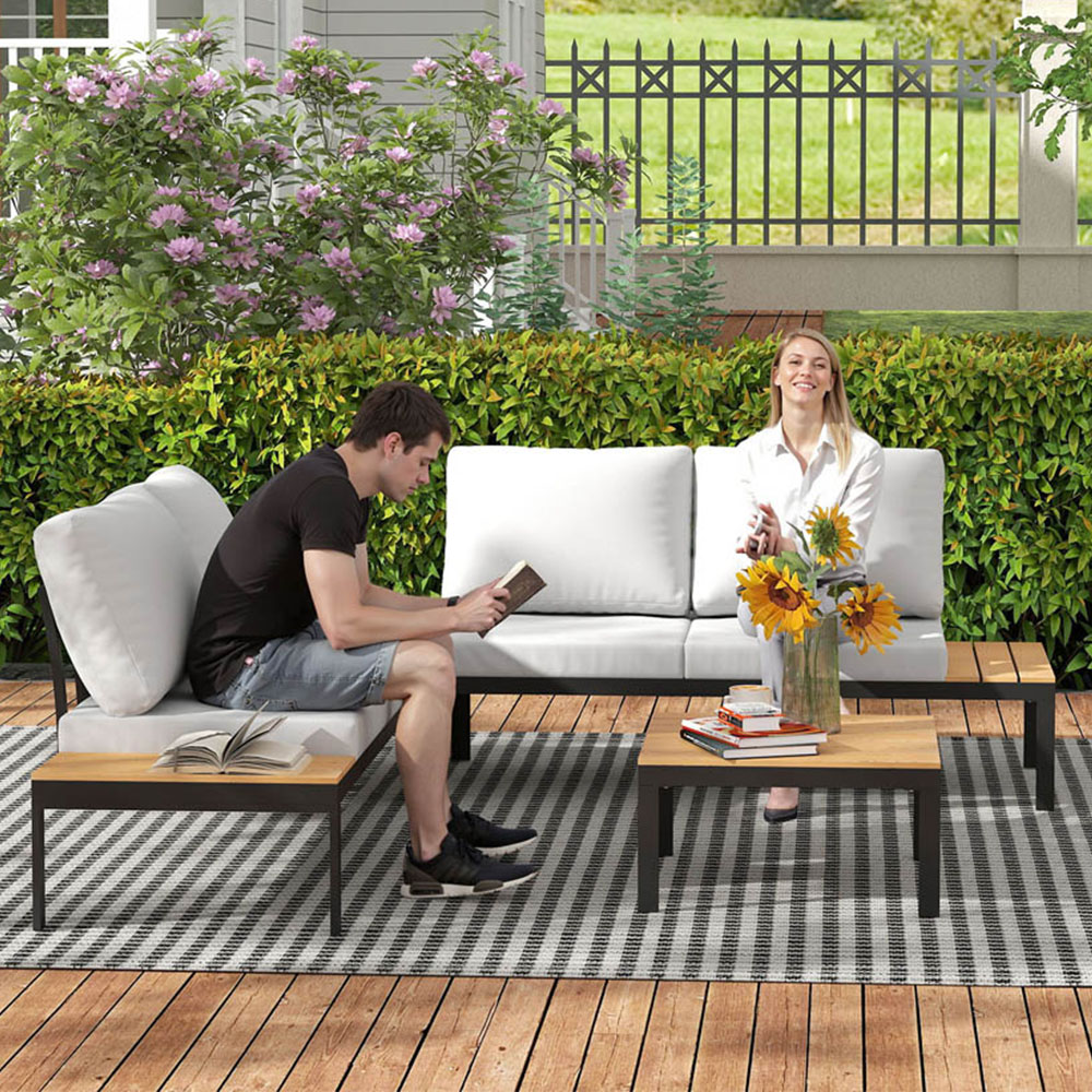 Outsunny 4 Seater Teak Garden Corner Sofa Set Image 1