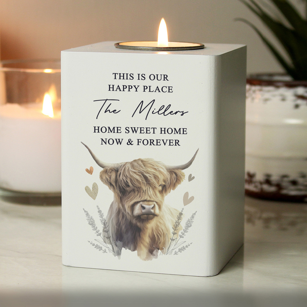 Personalised Memento Wooden Personalised Highland Cow Tealight Holder Image 3