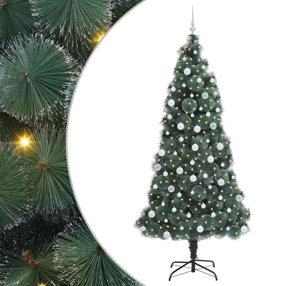 vidaXL Pre-Lit White Baubles Green Artificial Christmas Tree 7ft Image 2