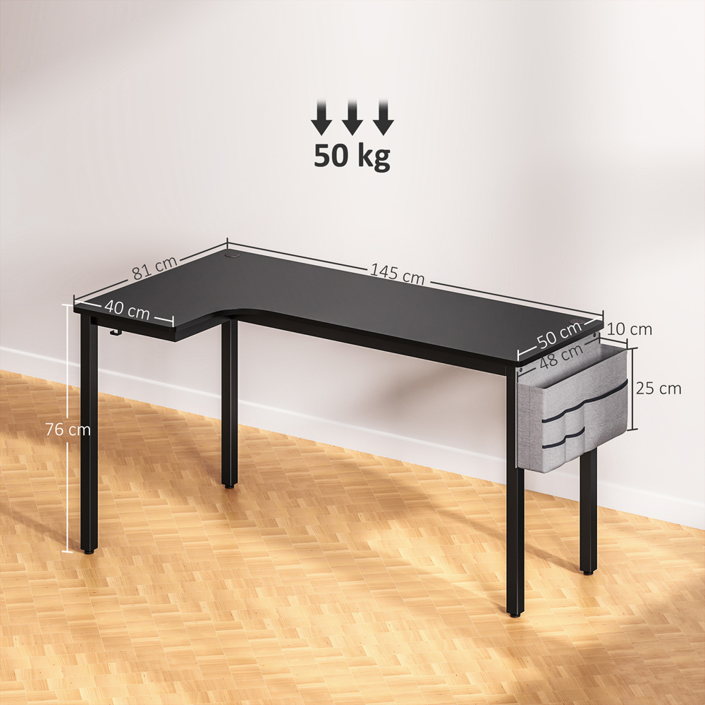 HOMCOM L Shaped Corner Computer Desk with Fabric Bag and Hooks Black Image 9
