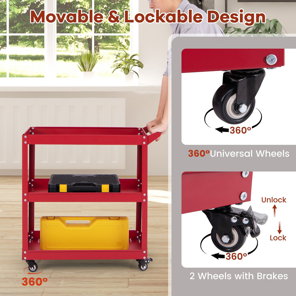 Costway 3 Shelf Red Rolling Service Trolley Image 7
