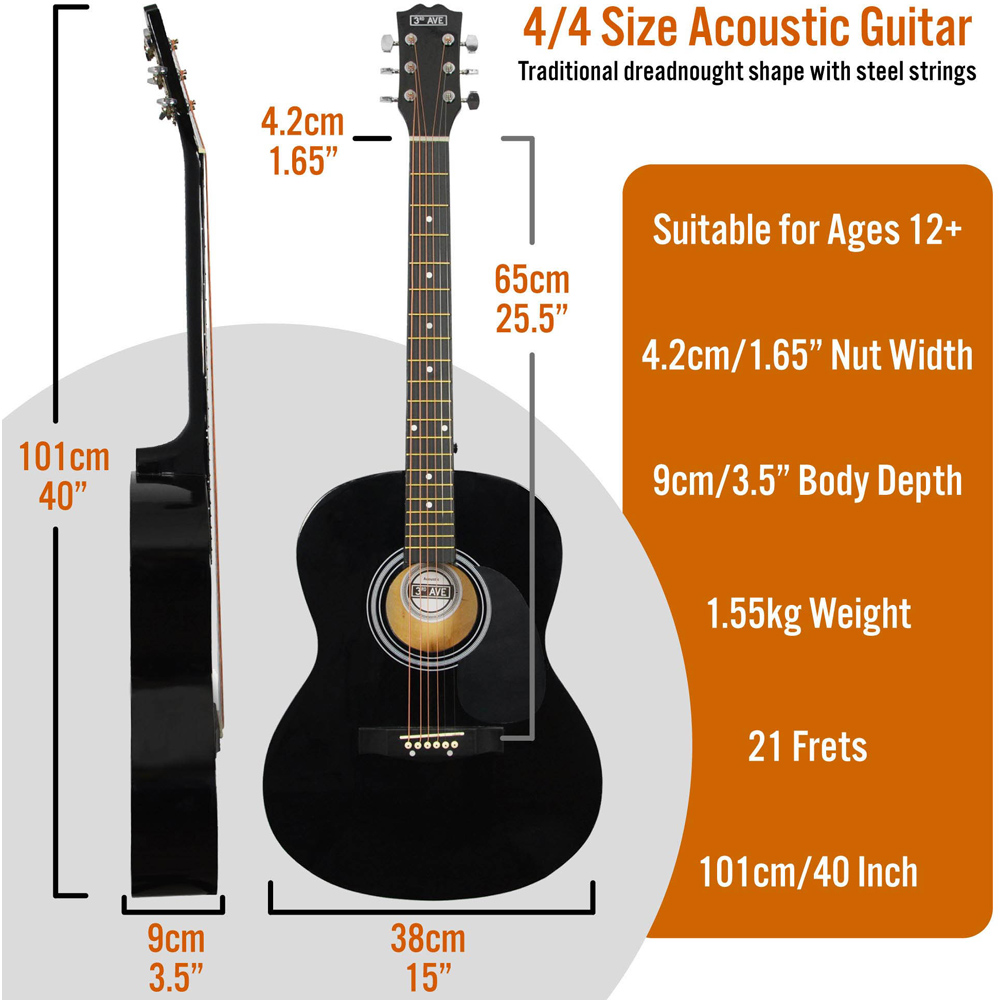 3rd Avenue Black Full Size Acoustic Guitar Set Image 6
