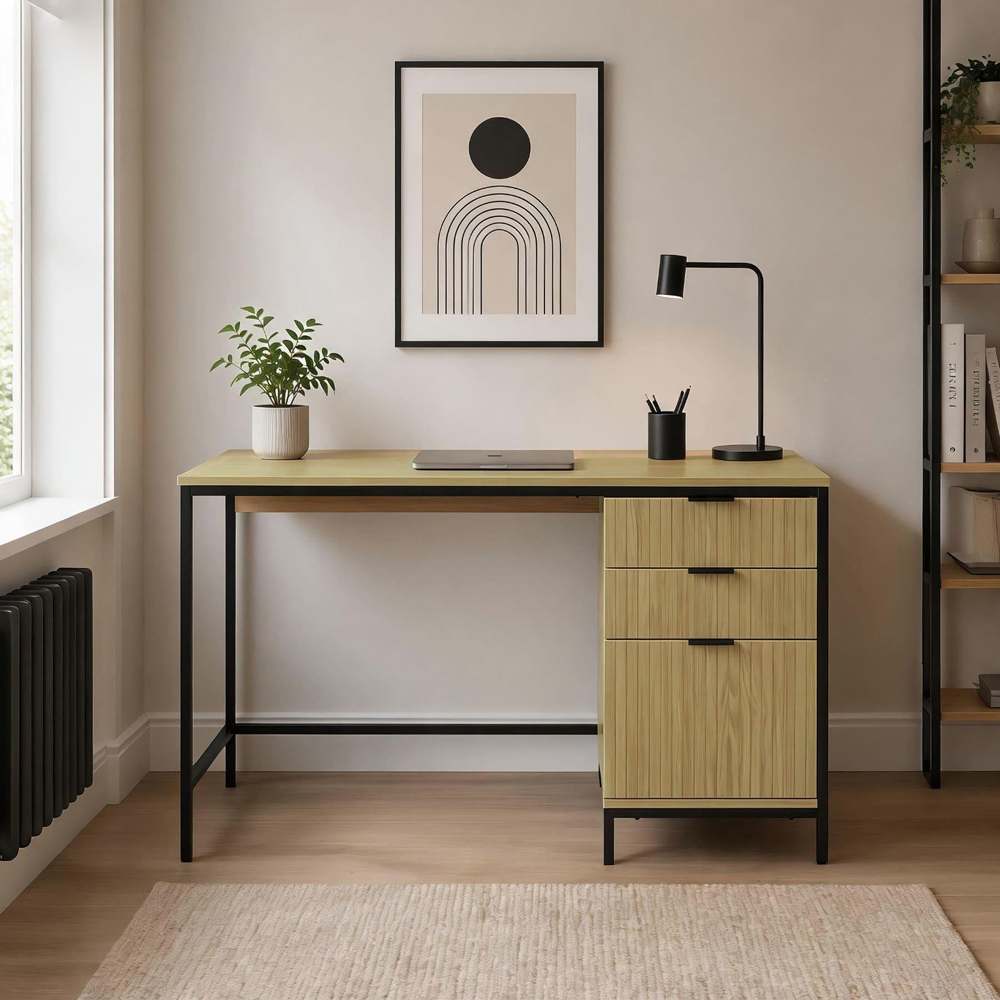 Home Source Wisbech 3 Drawer Black and Oak Effect Desk Image 4