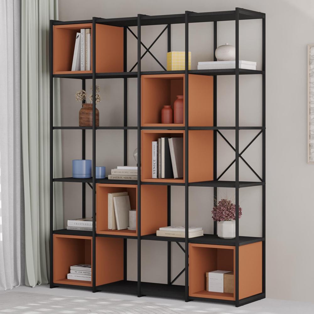 Decortie Vale Maxi 20 Shelf Black Wood and Cinnamon Bookcase Image 1