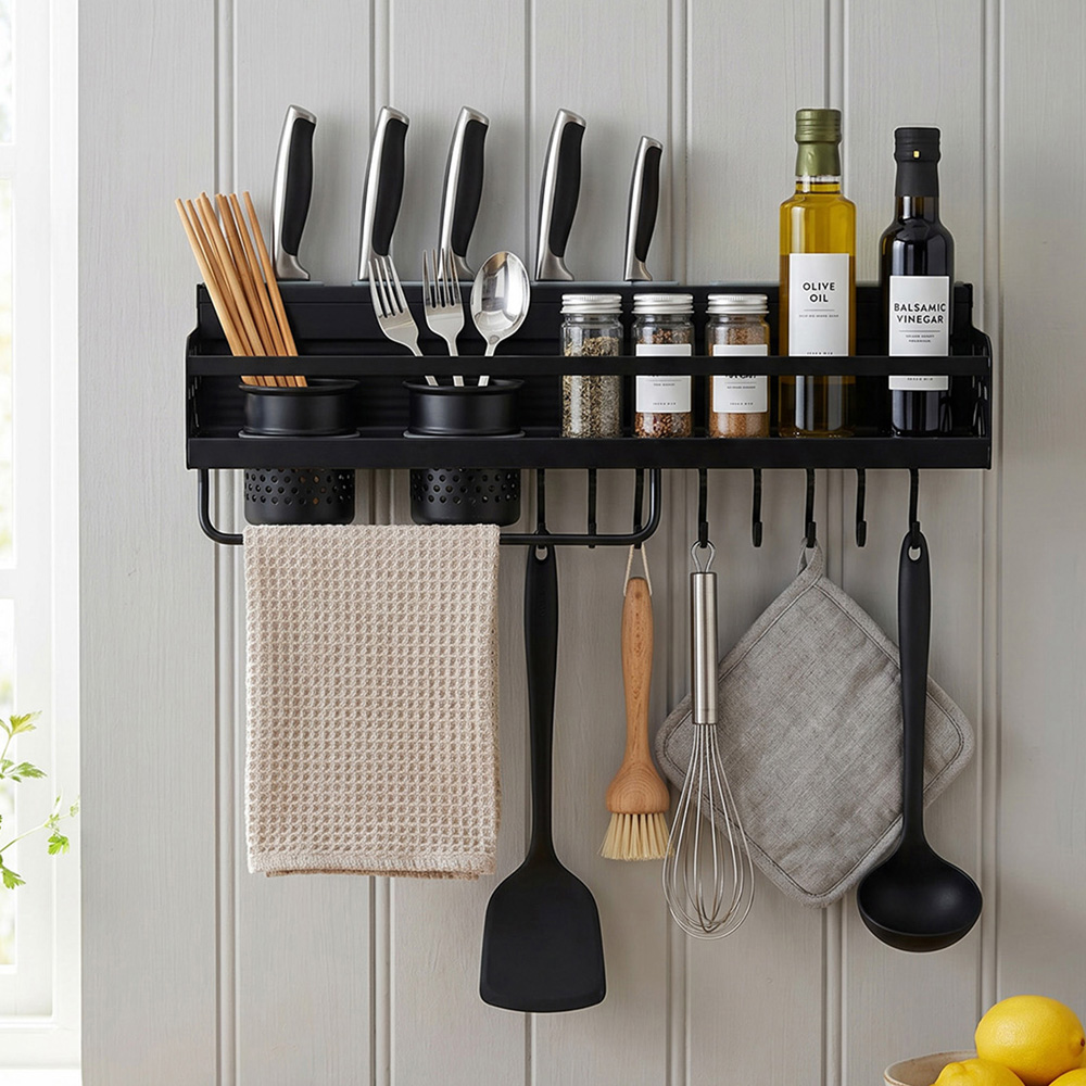 Living and Home Black Aluminium Kitchen Storage Rack with Knife Holder 49.2cm Image 8