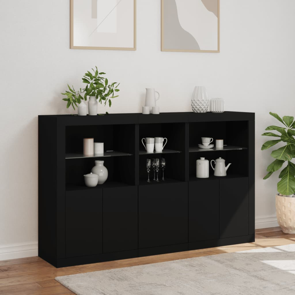 vidaXL 5 Door 6 Shelf Black Wooden Sideboard with LED Lights Image 9