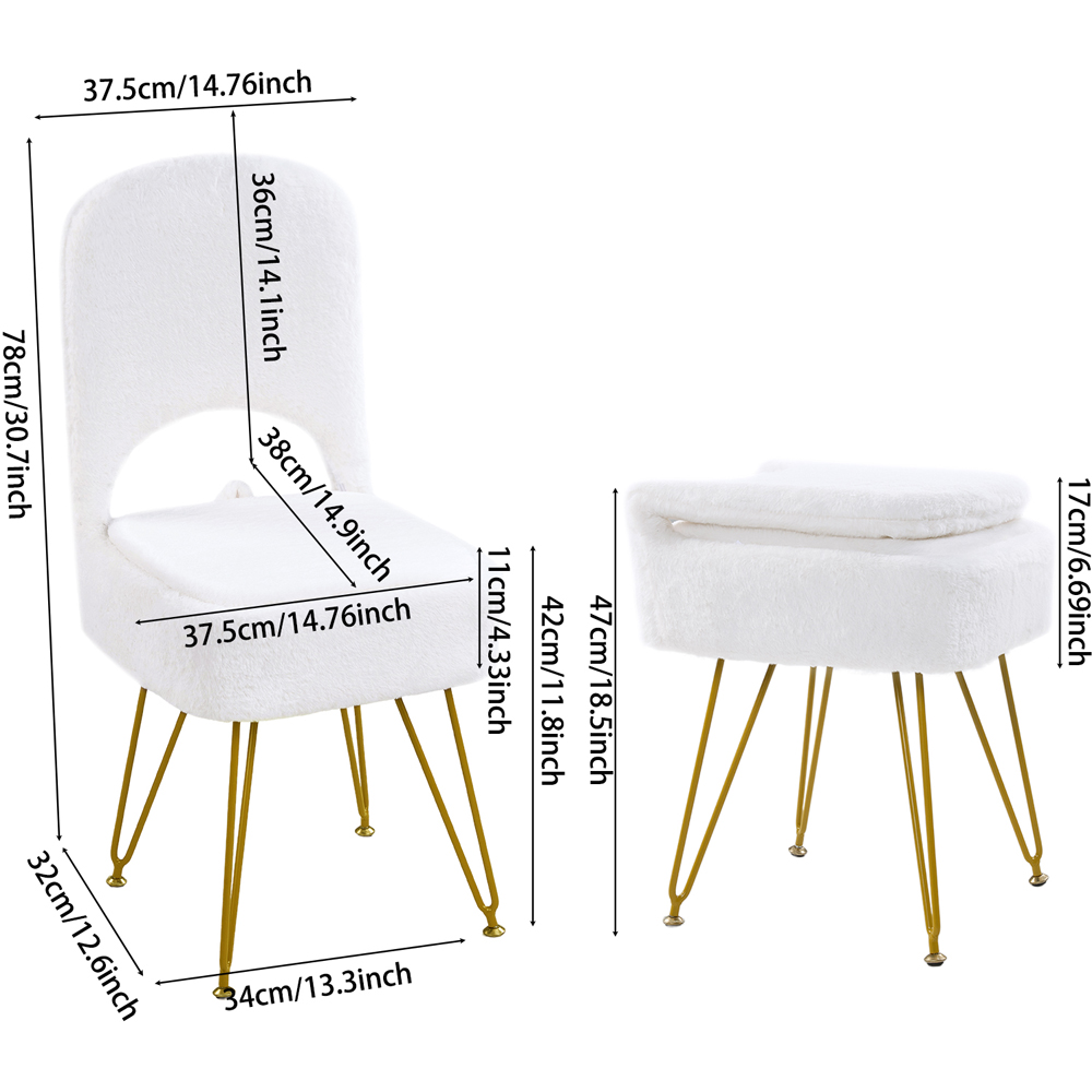 Living and Home White Faux Rabbit Fur Foldable Backrest Vanity Chair with Hidden Storage Image 9