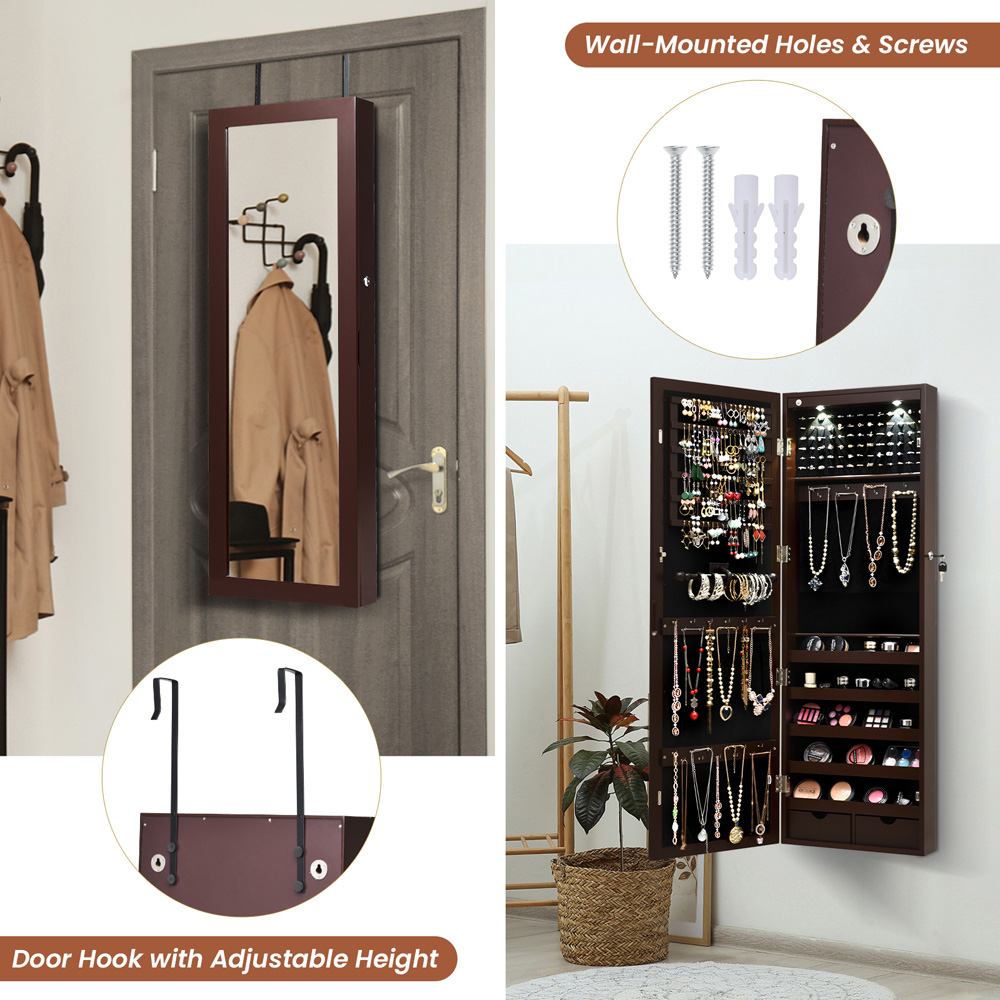 Costway Brown Lockable Mirror Jewellery Cabinet with LED Lights Image 8